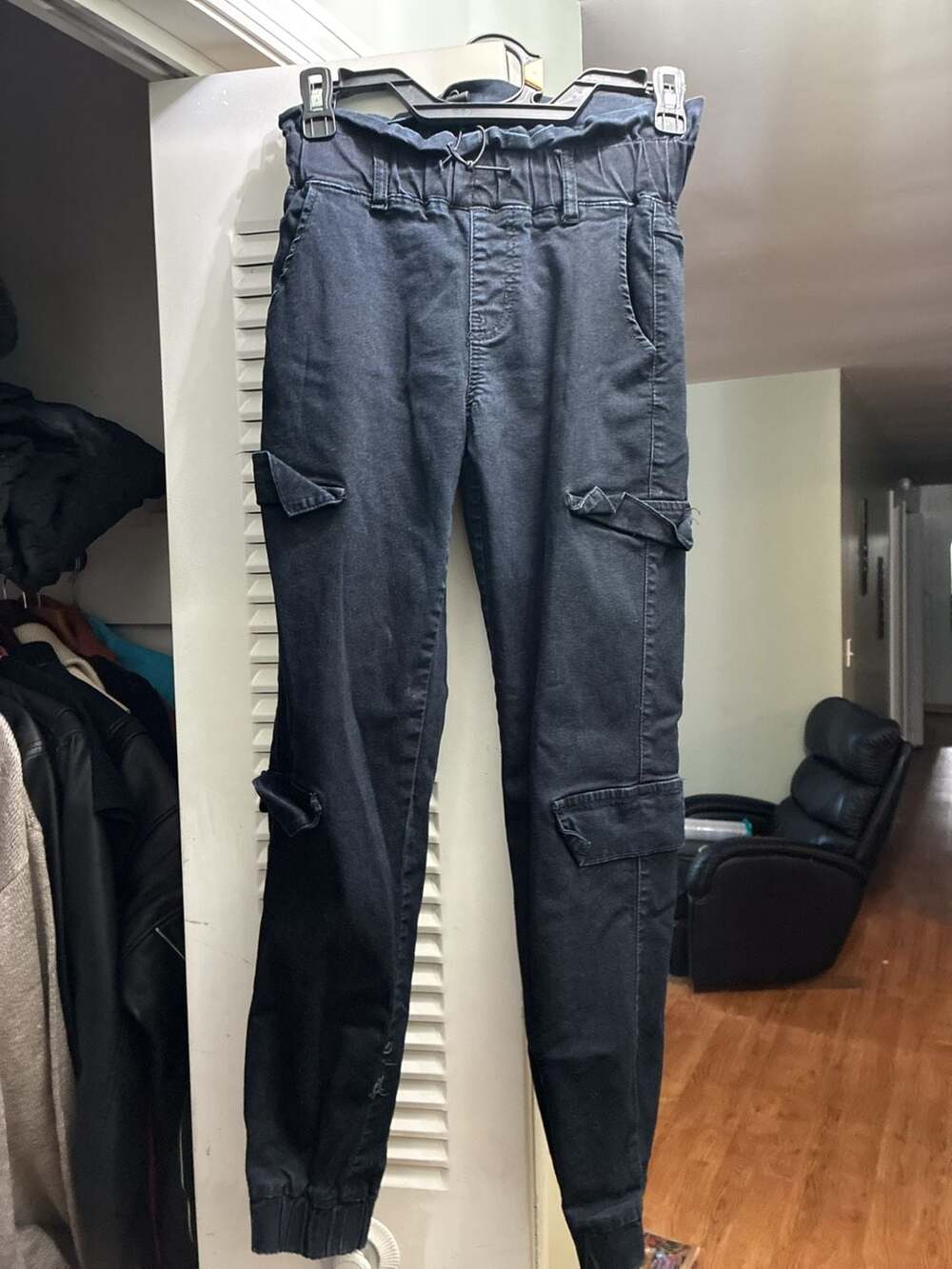 Black Denim Cargo Jogger Pants with Paperbag Waist
